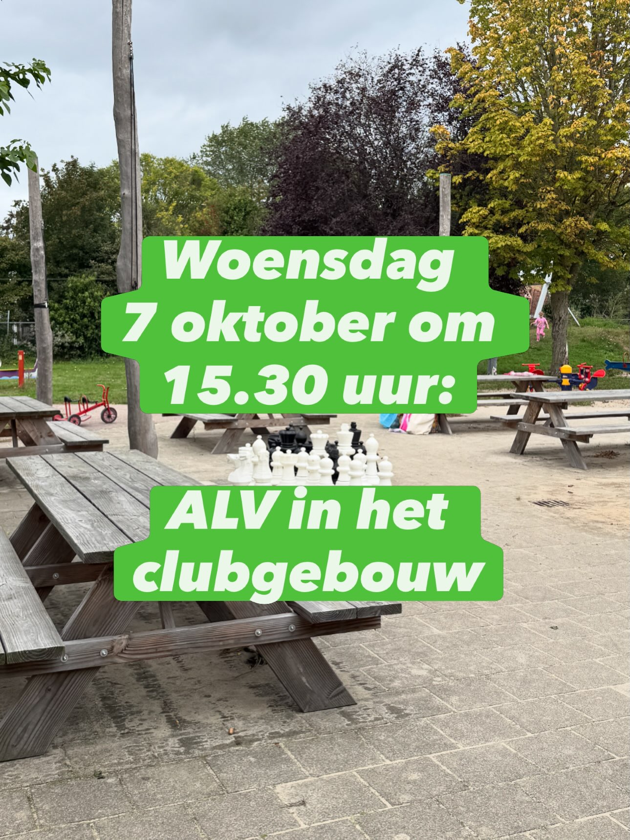Op woensdagmiddag 7 oktober vanaf 15.30 uur organiseren we ons jaarlijkse ALV. Deze algemene ledenvergadering is er voor alle leden van de speeltuin. 

Tijdens deze vergadering gaan we het hebben over onze financiën, toezicht en vrijwilligerswerk (structureel hulp), openingstijden en vacante posities (2x bestuursleden, vrijwilligerscoördinator en persoon voor kascontrole). 

Ook zijn we op zoek naar iemand die visie heeft op buiten spelen of ervaring heeft als speeltuinarchitect om Speeltuin Assendorp 2.0 te ontwerpen (waarmee we ook fondsen kunnen aanschrijven).

Je bent als lid van harte welkom!

Inloop om 15.15 uur, start om 15.30 uur, eind waarschijnlijk rond 16.30 uur. De speeltuin is gewoon geopend, dus kinderen kunnen mee om te spelen in de speeltuin :).

#zwolle #speeltuinassendorp #assendorp